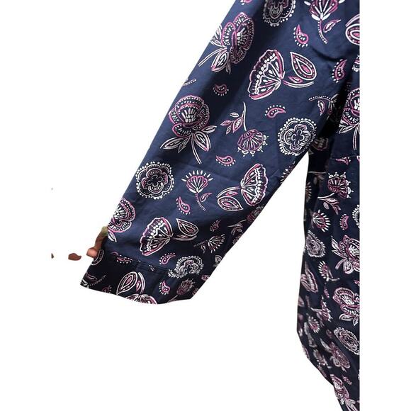 Woman Within Button Up Top L 18/20 Blue Floral 3/4 Sleeves Cotton Mature Casual - Picture 2 of 7